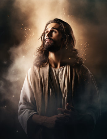 jesus standing in the smoke with his hands on his chestの素材