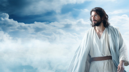 jesus standing in front of the sky with clouds in the backgroundの素材