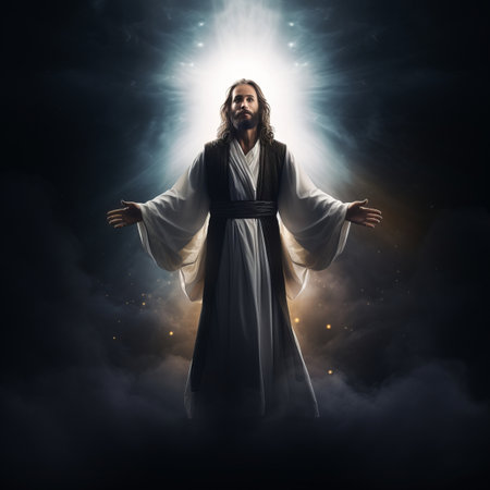 jesus standing in the clouds with his arms outstretchedの素材