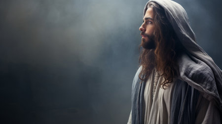 jesus standing in the dark with smoke coming out of his mouthの素材