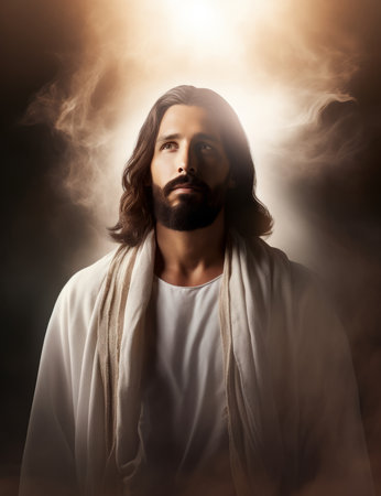 jesus standing in front of smoke and looking upの素材