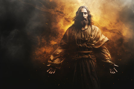 jesus standing in front of fire and smokeの素材