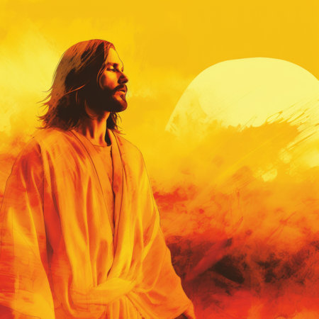 jesus standing in front of the sun with his arms outstretchedの素材