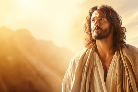 jesus standing in front of a mountain with the sun in the backgroundの素材