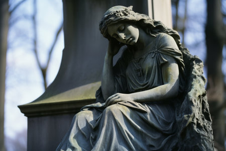 a statue of a woman sitting on top of a tombstoneの素材