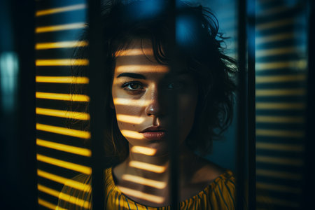 a woman in a yellow dress is looking at the camera through the bars of a windowの素材