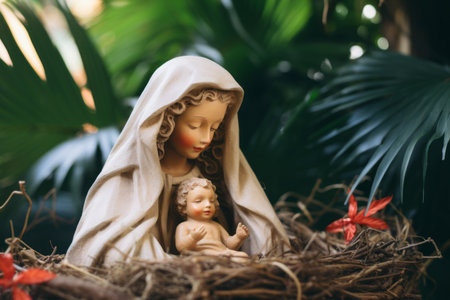 a statue of the virgin mary and baby jesus in a nestの素材