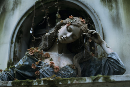 a statue of a woman with flowers on her headの素材