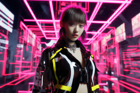 a woman in neon clothing standing in front of neon lightsの素材