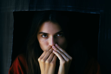 a woman covering her mouth with her handsの素材