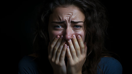a woman covering her face with both handsの素材