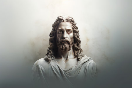 a statue of jesus with long hair on a white backgroundの素材