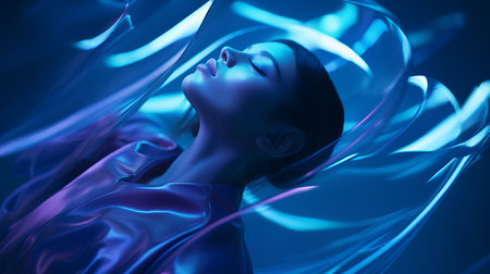 a woman in a purple dress is surrounded by blue lightsの素材