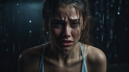a woman is crying in the rainの素材
