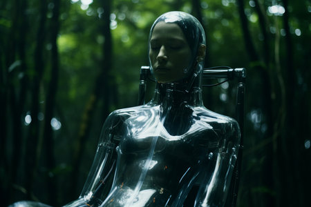 a woman in a shiny suit sitting in a chair in the woodsの素材