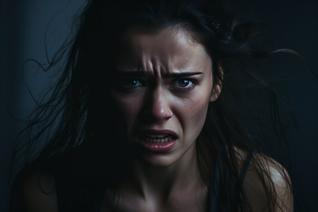a woman is crying in a dark roomの素材