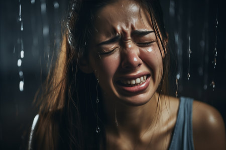 a woman is crying in the rainの素材