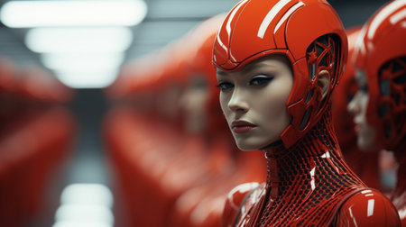 a woman in a red robot suit stands in front of a row of red robotsの素材