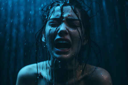 a woman is crying in the rainの素材