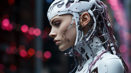 a woman in a robot suit with wires on her headの素材