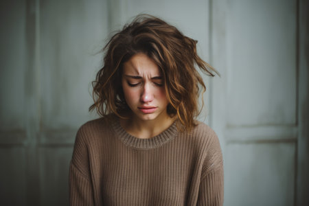 a woman is crying in front of a wallの素材