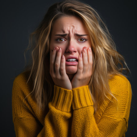a woman is holding her hands to her face in front of a dark backgroundの素材