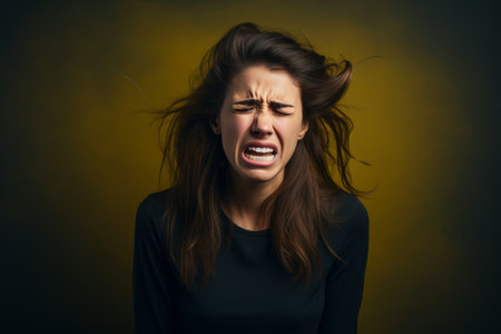 a woman is making an angry face with her hair blowing in the windの素材