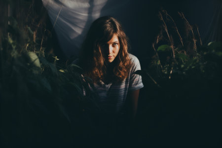 a woman is sitting in the dark with plants in front of herの素材