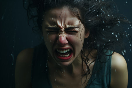 a woman is screaming in the rainの素材