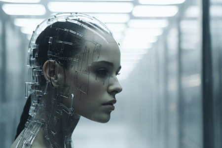 a woman wearing a robot head in a hallwayの素材