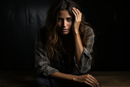 a woman sitting on a wooden table with her hands on her headの素材