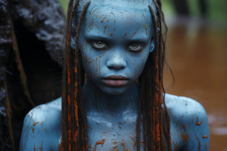 a woman with blue paint on her faceの素材