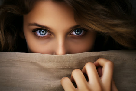 a woman with blue eyes peeking out from behind a blanketの素材