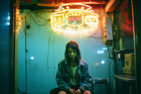 a woman sitting in front of a neon signの素材