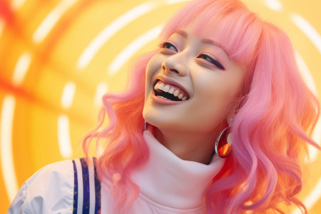 a woman with bright pink hair smilingの素材