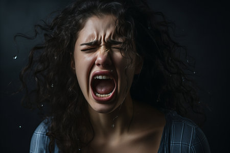 a woman with her mouth open and her hair blowing in the windの素材