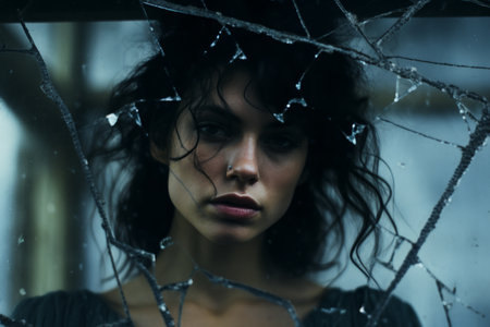 a woman standing in front of a broken windowの素材