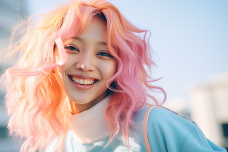 a woman with bright pink hair smilingの素材