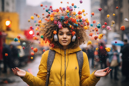 a woman with headphones and colorful balls in her hair standing in the middle of the streetの素材