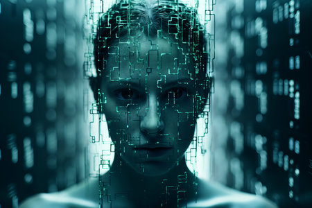 a woman with a face made up of binary codeの素材