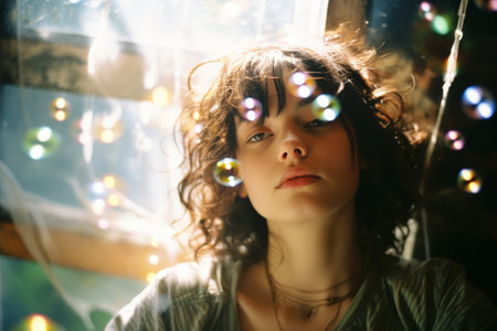 a woman with curly hair and bubbles in front of a windowの素材