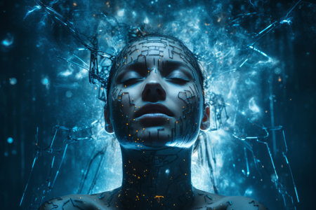 a woman with glowing blue lights on her faceの素材