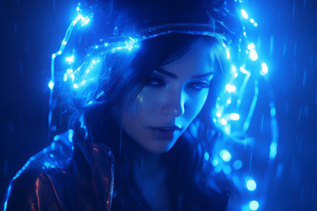 a woman with blue lights on her head in the rainの素材