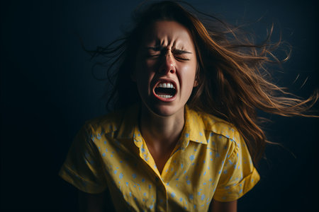 a woman with her mouth open and her hair blowing in the windの素材