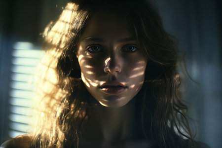 a woman with long hair is looking at the cameraの素材