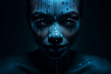 a woman with water dripping down her faceの素材