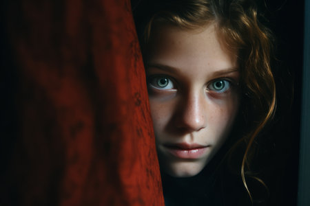 a young girl with blue eyes looking out from behind a red curtainの素材