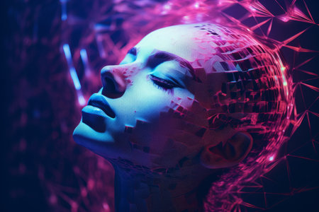 a womans face with glowing lights around itの素材