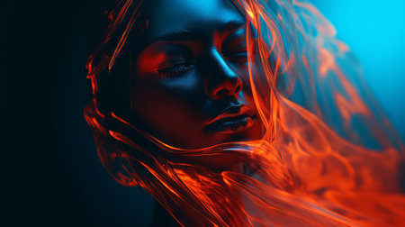 a womans face is covered in red and orange flamesの素材