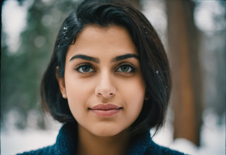 a young woman in the snow looking at the cameraの素材